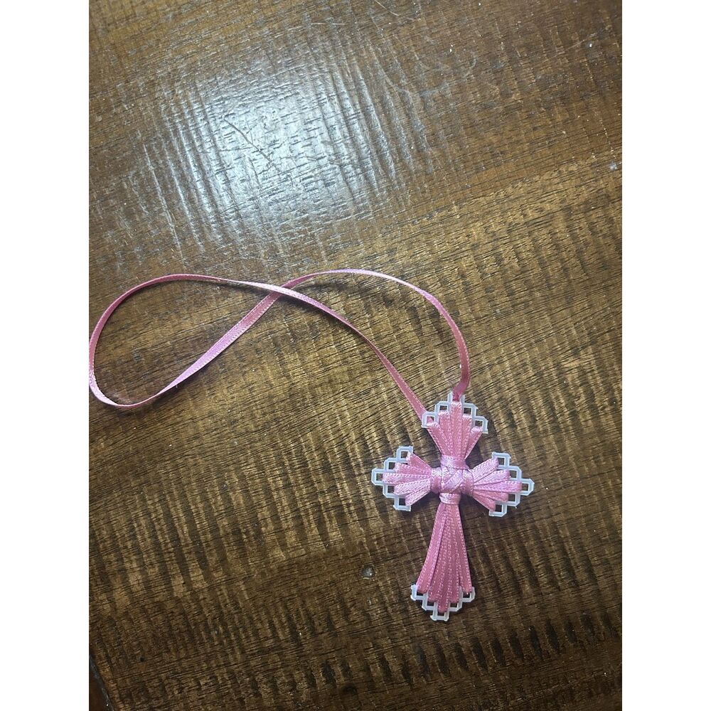 Vintage Handmade Pink Ribbon Cross Ornament Plastic Canvas Coquette Grandmacore